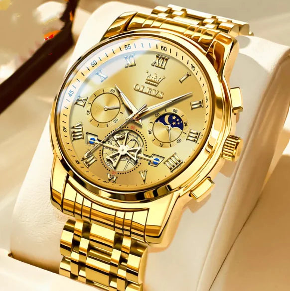 Relógio Quartz Masculino Multifuncional Luminoso à Prova d'Água com Pulseira de Aço Inoxidável