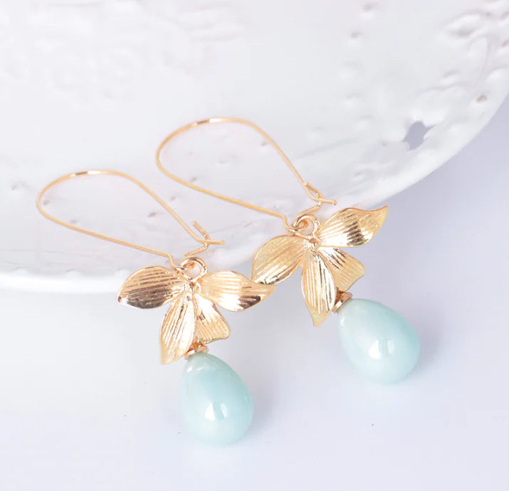 Brincos Grandes com Gancho em Estilo Coreano com Folhas e Pérolas