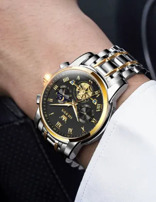 Relógio Quartz Masculino Multifuncional Luminoso à Prova d'Água com Pulseira de Aço Inoxidável