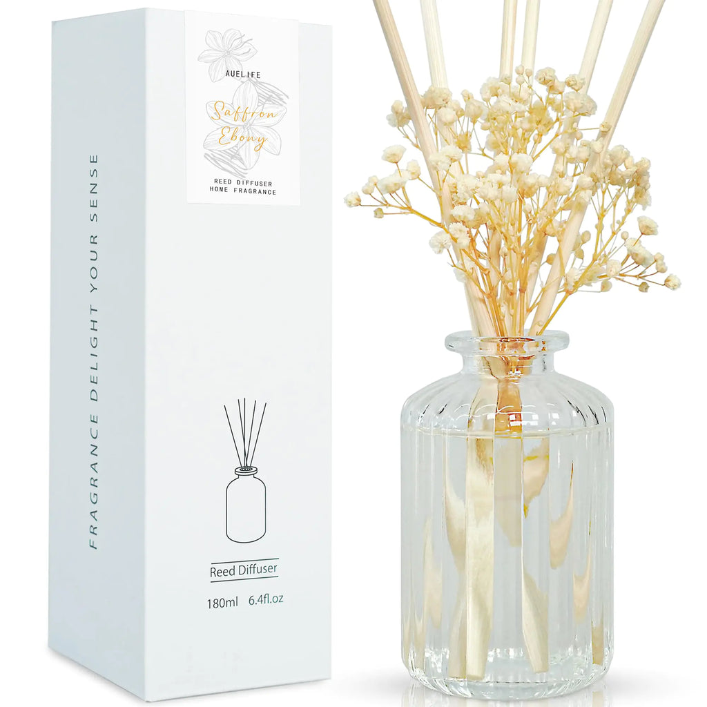 Auelife Reed Diffuser Set - 6.4 oz Saffron Ebony Scented Diffuser with Sticks Preserved Real Flower Reed Diffuser Home Fragrance Essential Oil Reed Diffuser for Bedroom Bathroom Shelf Decor