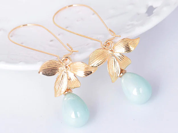 Brincos Grandes com Gancho em Estilo Coreano com Folhas e Pérolas