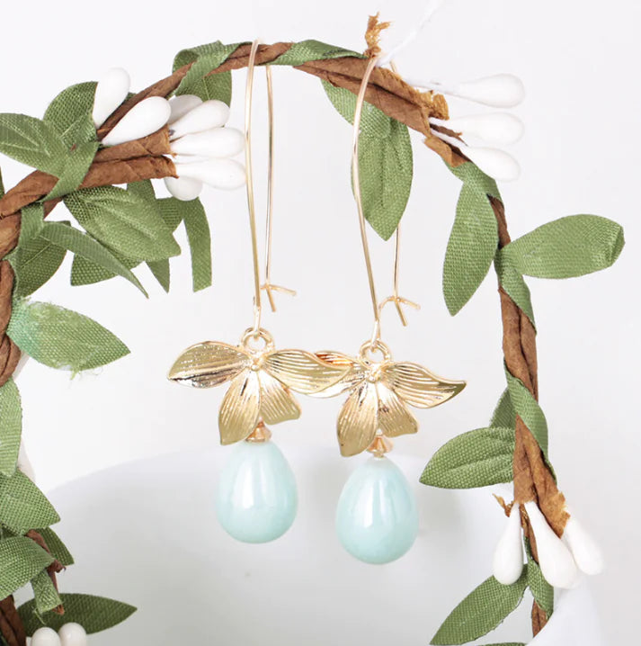 Brincos Grandes com Gancho em Estilo Coreano com Folhas e Pérolas